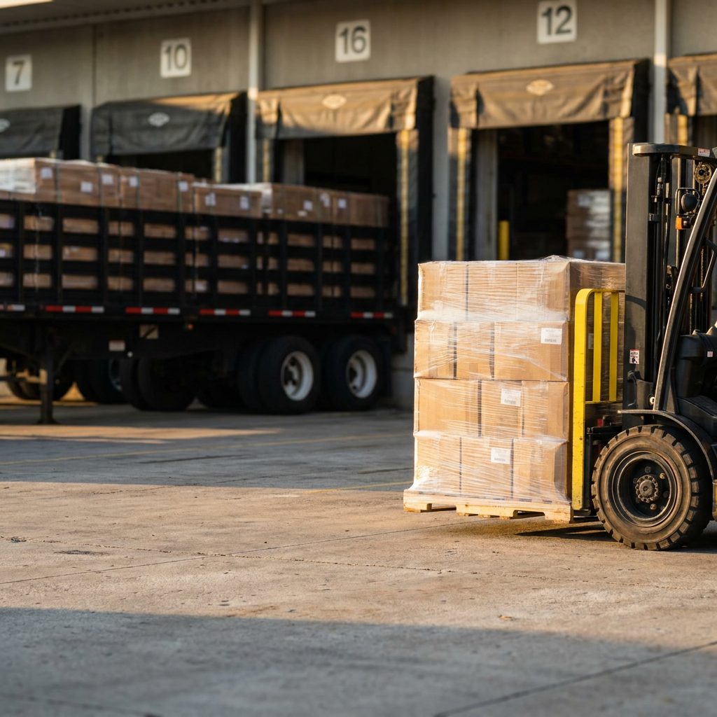 Loaded trucks at a third-party logistics warehouse dock