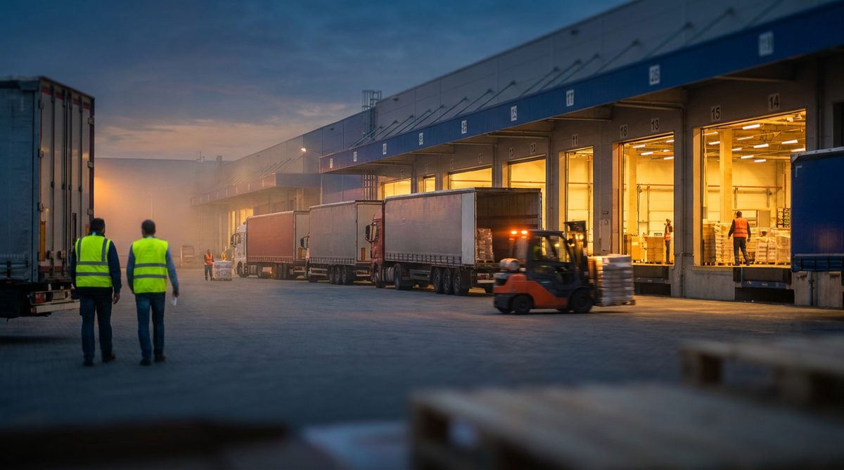 Third-party logistics warehouse and freight yard at dusk with loaded trucks at the dock doors