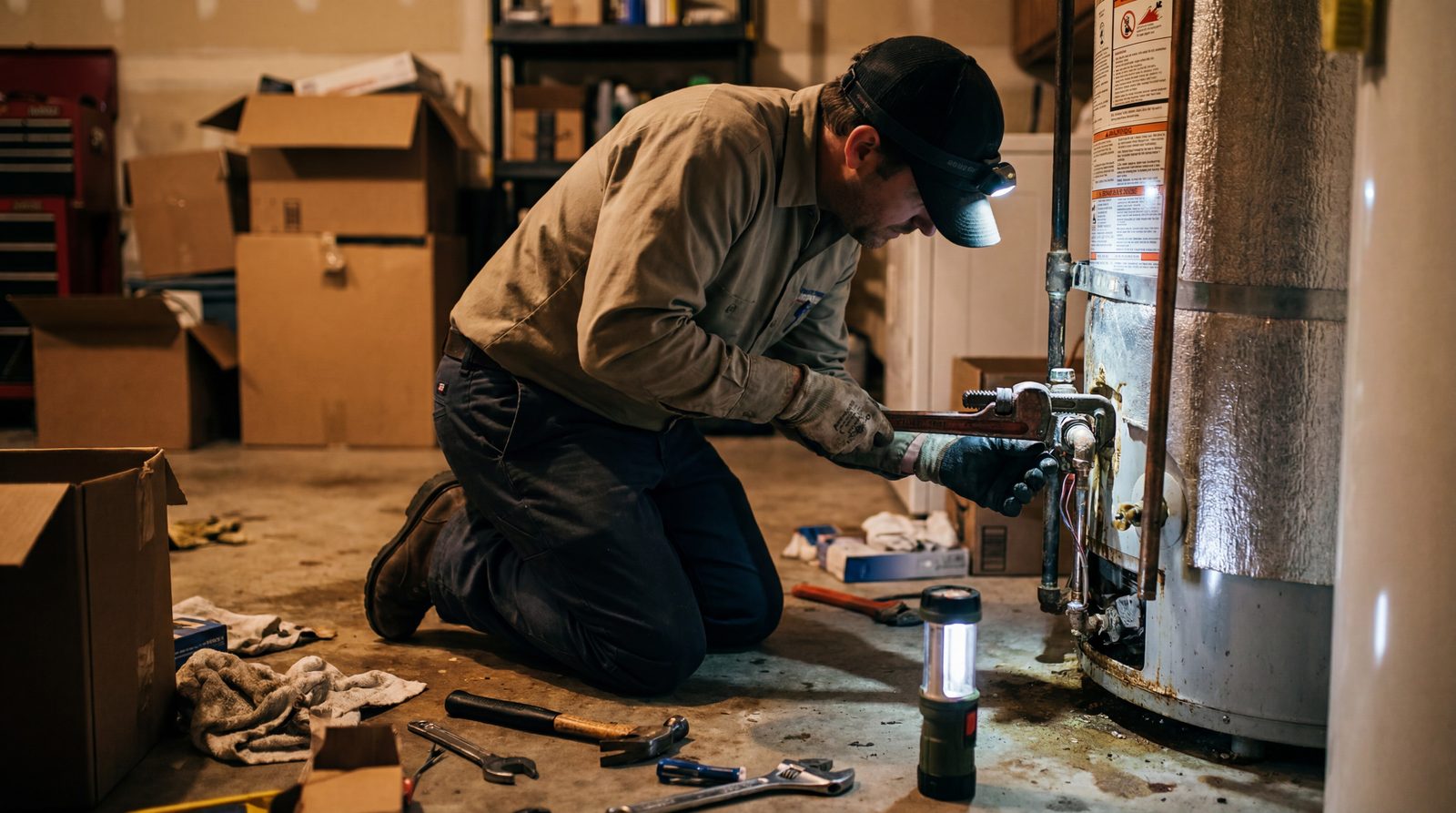 Plumber making an after-hours water heater repair at night, the booked job an after hours answering service turns a 9 PM call into