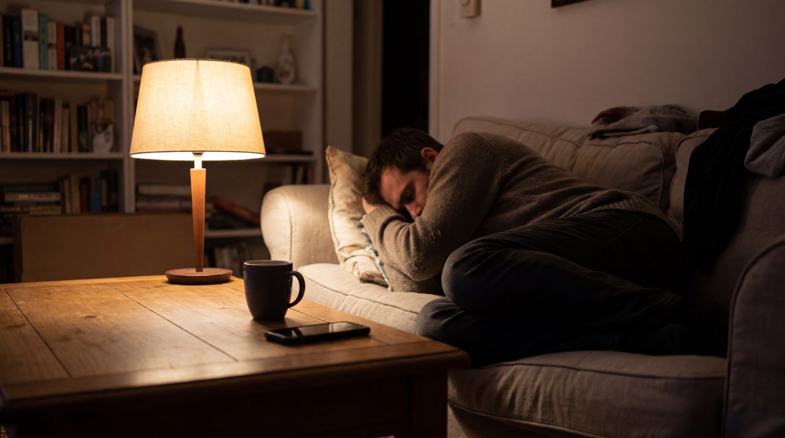Service business owner off the clock at home in the evening with the phone set down, while the after hours answering service covers every call