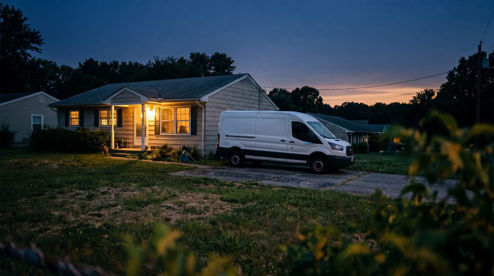 Suburban home at dusk with a service van in the driveway and warm light in the windows, the kind of after-hours call an answering service captures