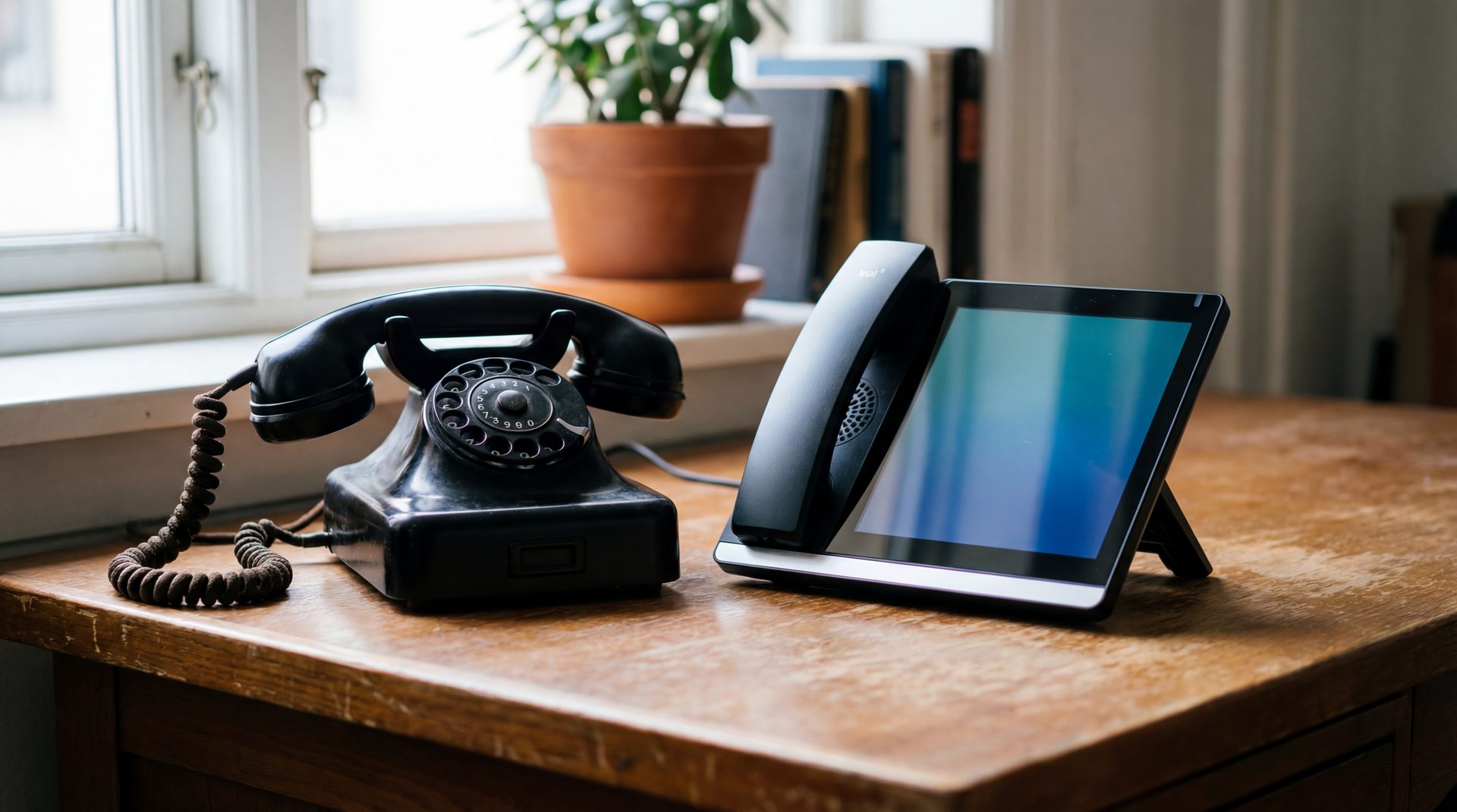 Vintage rotary phone next to a modern VoIP phone on a desk
