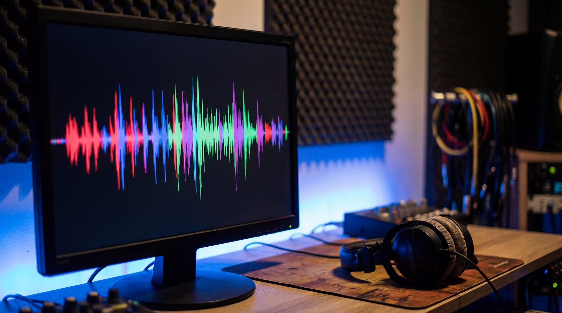 Audio waveform on a monitor with headphones nearby in blue LED glow