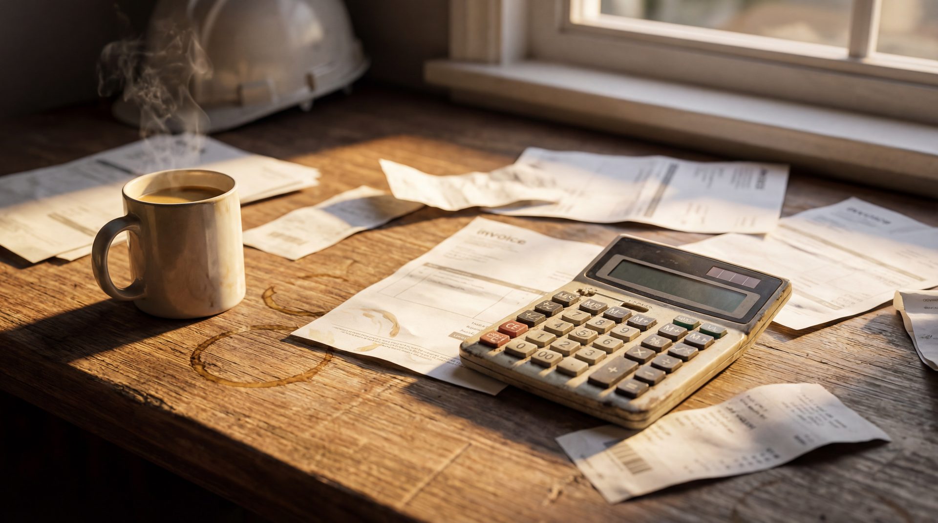 Calculator and invoices on a contractor desk with warm coffee mug nearby