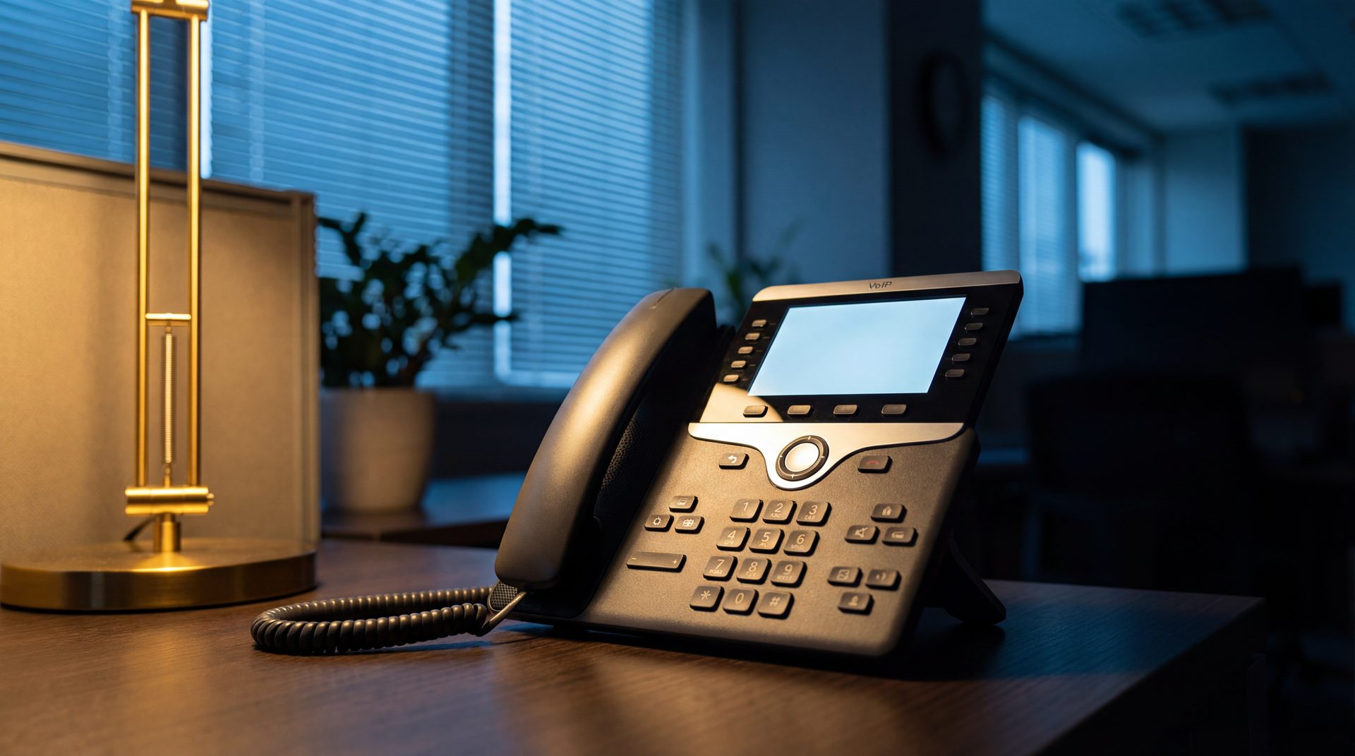Modern VoIP phone on an empty office desk at night with a desk lamp glowing