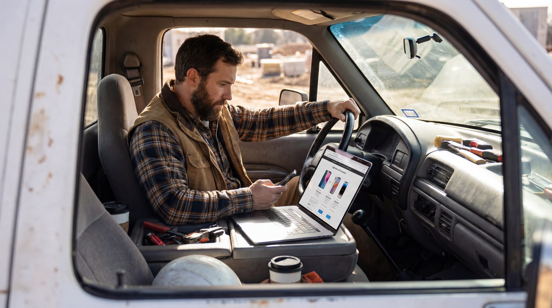 Contractor reviewing phone options on a laptop inside a truck cab