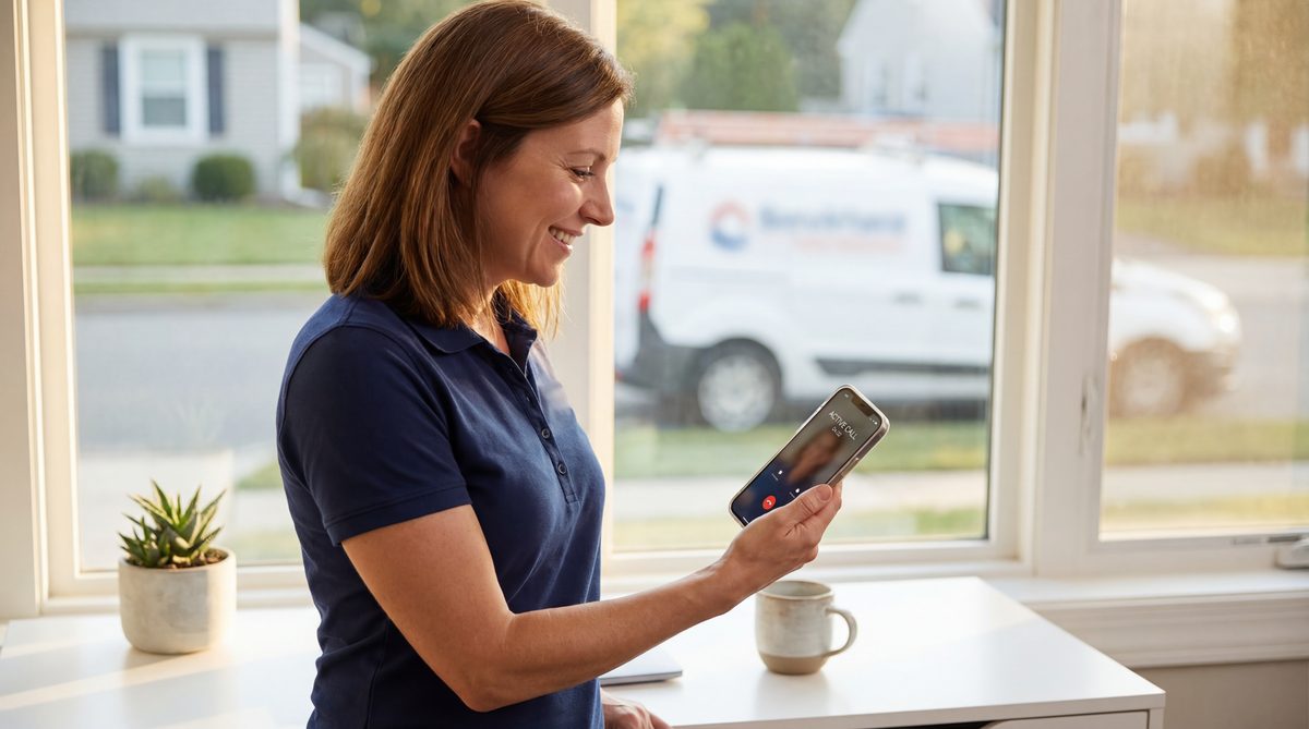 Home service business owner managing an AI answering service on phone at office desk
