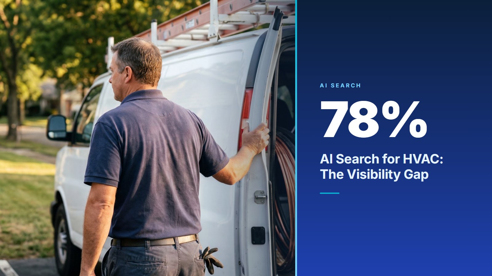 HVAC business owner beside his service van next to a stat panel showing 78% of HVAC brands are invisible in AI search