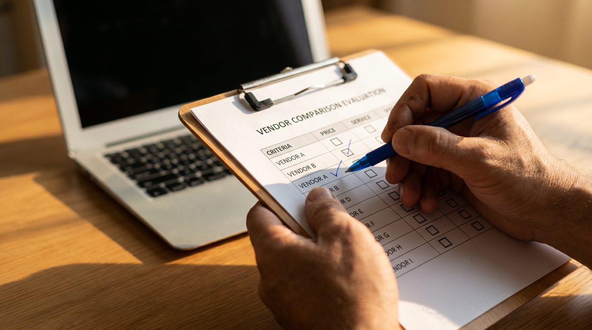 Business owner reviewing an answering service evaluation checklist at a desk