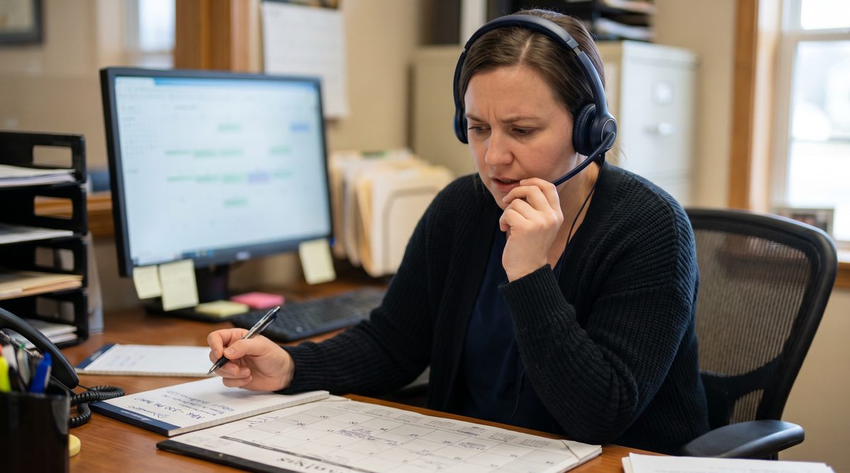 Service business receptionist on a phone call reviewing an appointment calendar with a customer