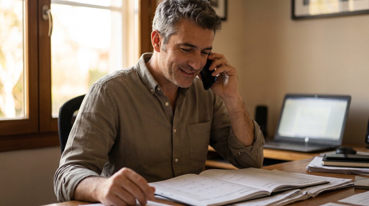 Service business owner reviewing appointment calendar while a phone answering service handles a customer call