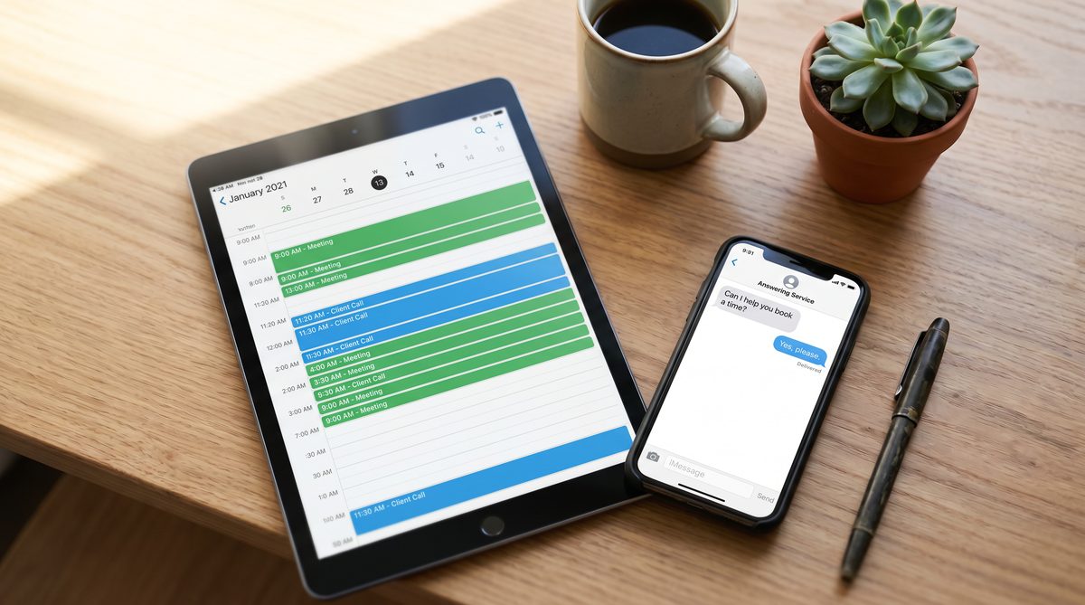 Appointment booking interface showing live calendar availability synced to a phone answering system