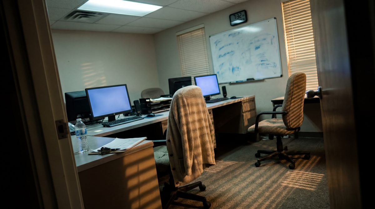 Empty front desk at an HVAC dispatch office during evening hours with phones unanswered