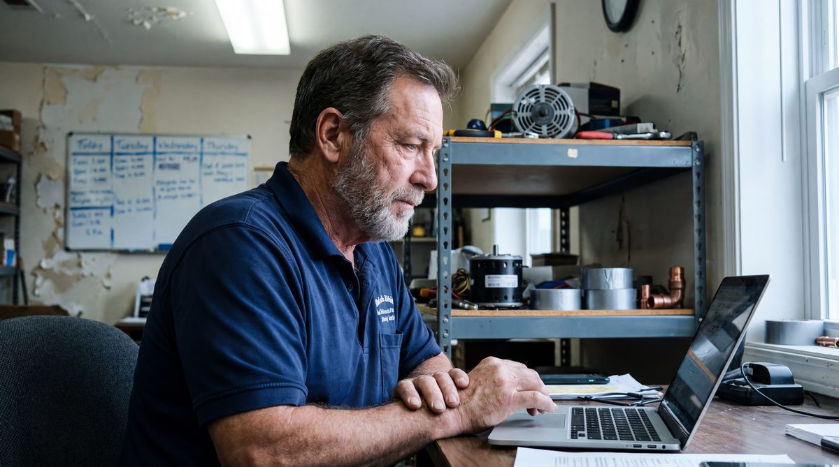 HVAC company owner reviewing answering service options at office desk with dispatch software open