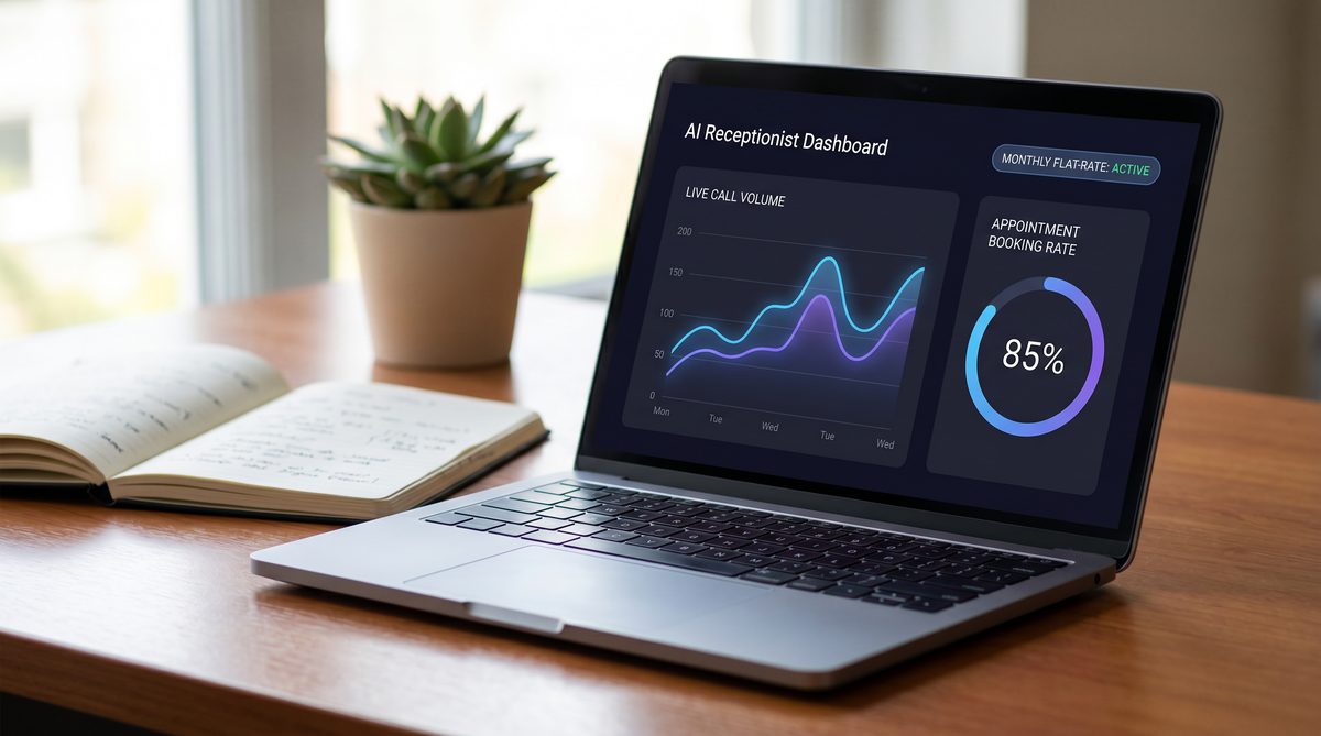 AI answering service dashboard showing real-time call handling, appointment booking, and flat-rate pricing model
