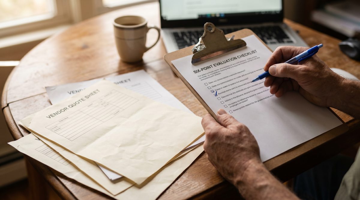 Service business owner comparing answering service vendor quotes on a clipboard against a six-point evaluation checklist