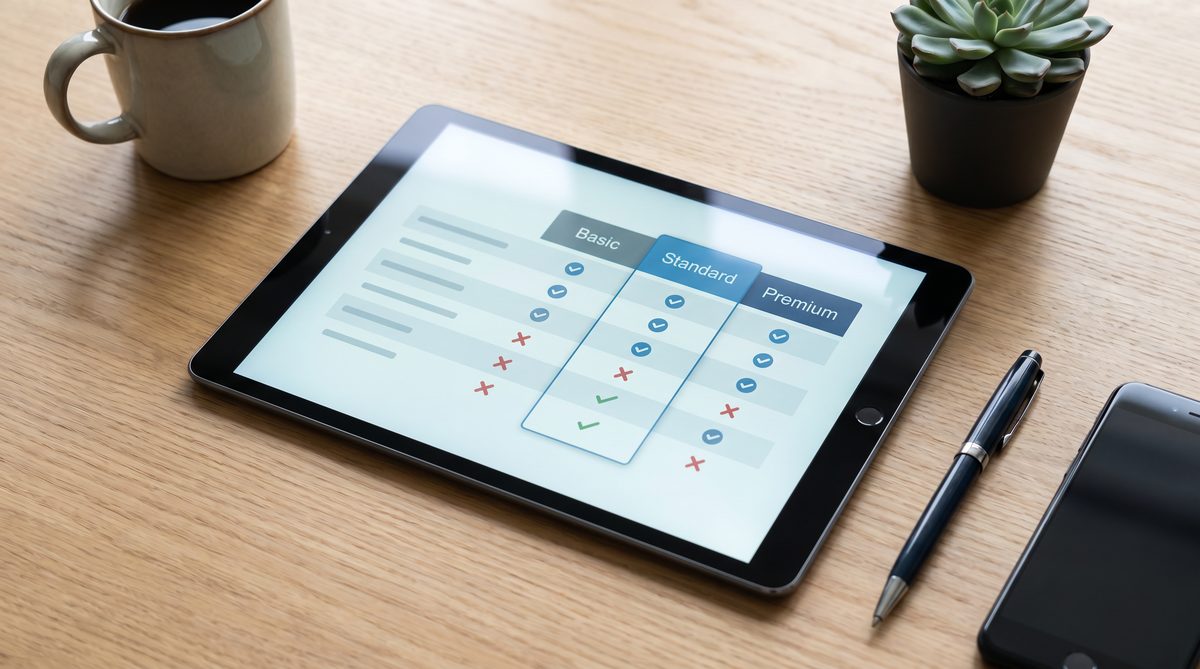 Answering service feature tiers showing capability differences from message-taking to full AI booking