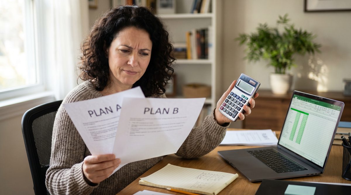Business owner comparing answering service pricing plans on a laptop with a calculator and notepad