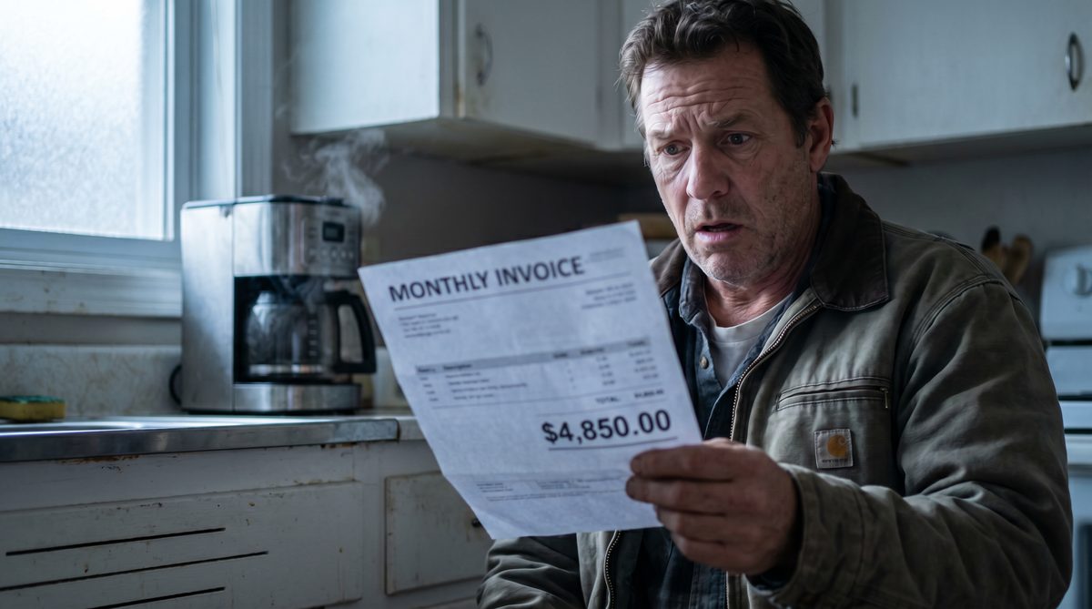 Small business owner looking at an unexpectedly high answering service invoice during peak season