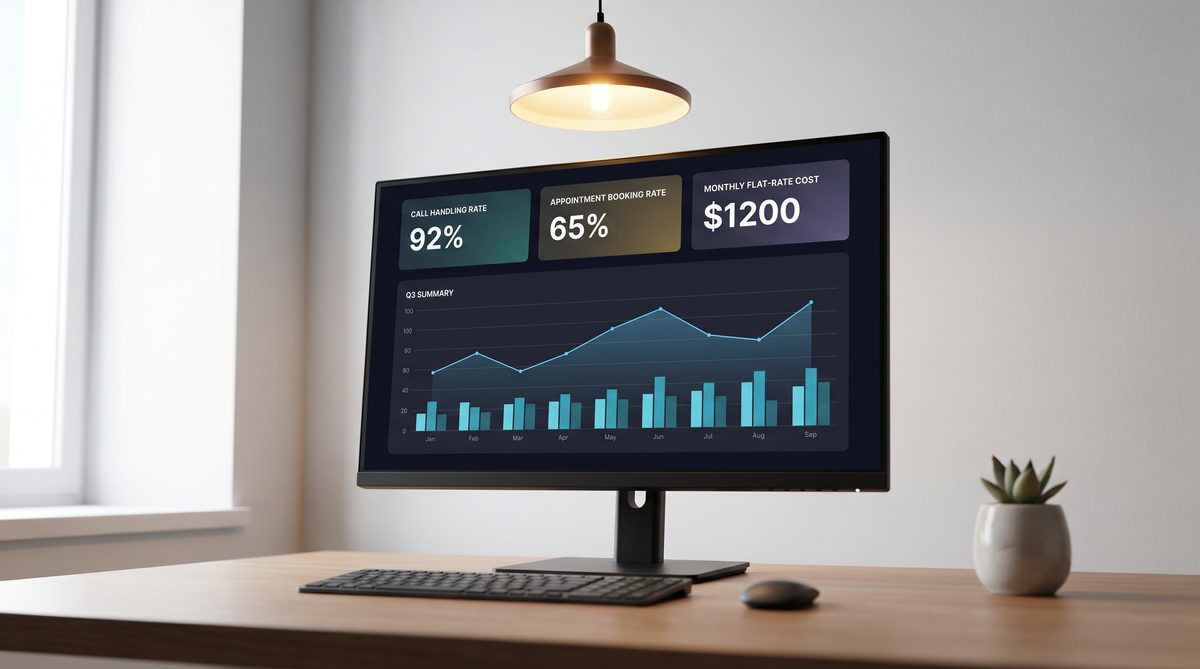 Ignitvio dashboard showing answering service call handling, booking rate, and flat monthly pricing summary