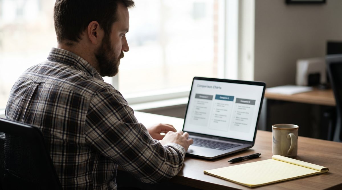 Business owner reviewing answering service pricing comparison charts on a laptop