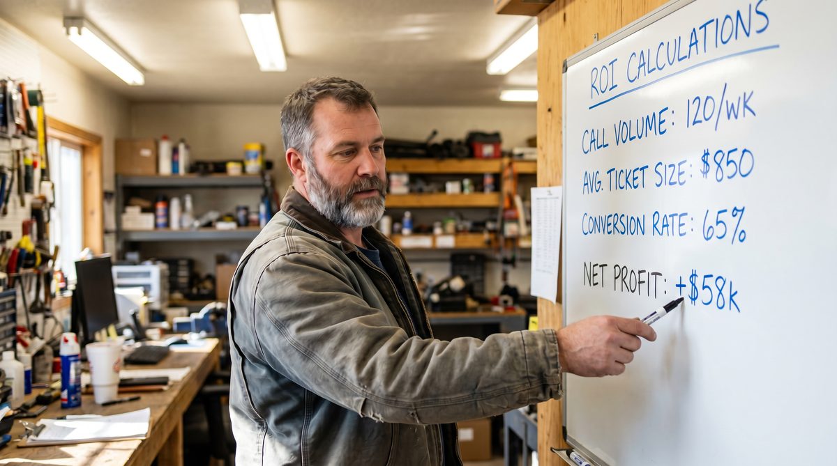 Service business owner calculating answering service ROI with job ticket data and call volume numbers on a whiteboard