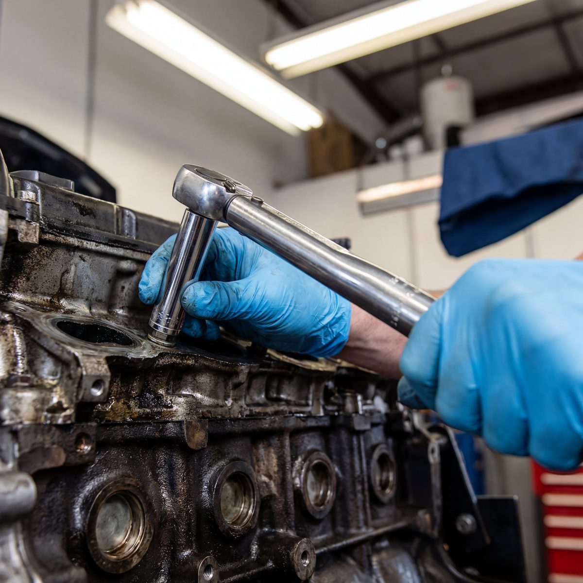 Mechanic using torque wrench on engine