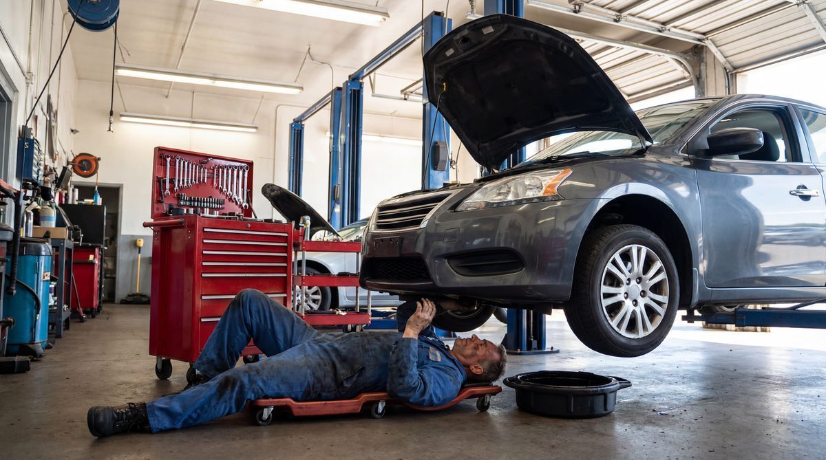 Auto mechanic working under hood of sedan on hydraulic lift