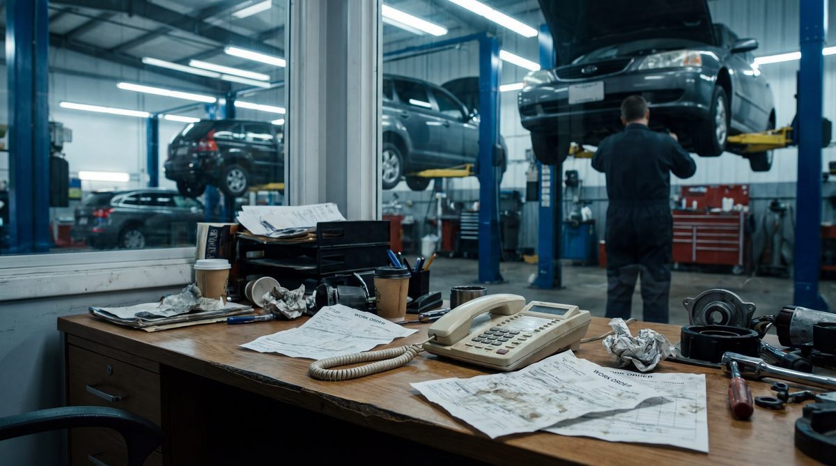 Auto repair shop office phone ringing with no one to answer