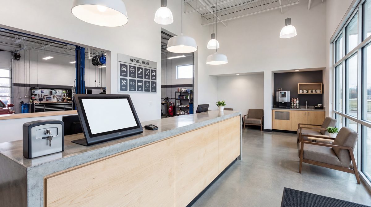Clean auto repair reception area with digital check-in system