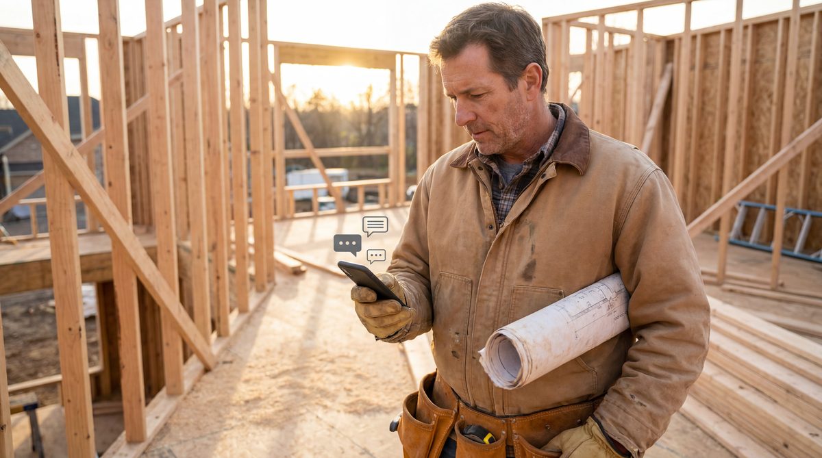 General contractor on a framed second-floor jobsite reviewing inbound project inquiries on his phone