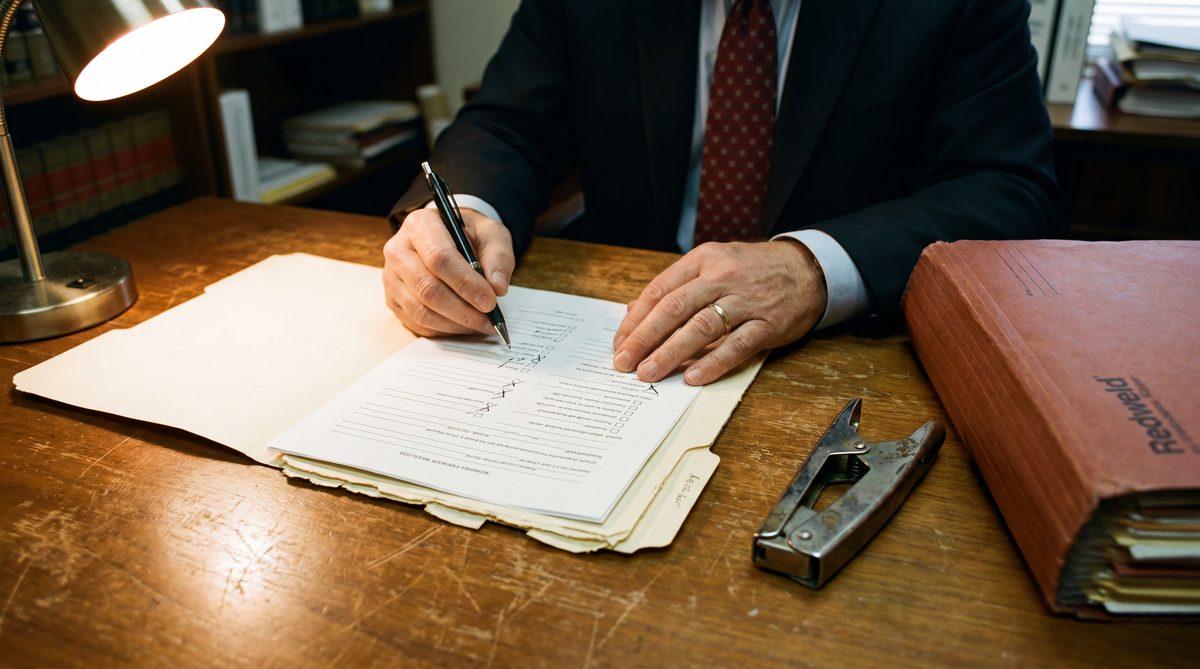 Attorney consulting an intake checklist for conflict checks before accepting a new matter