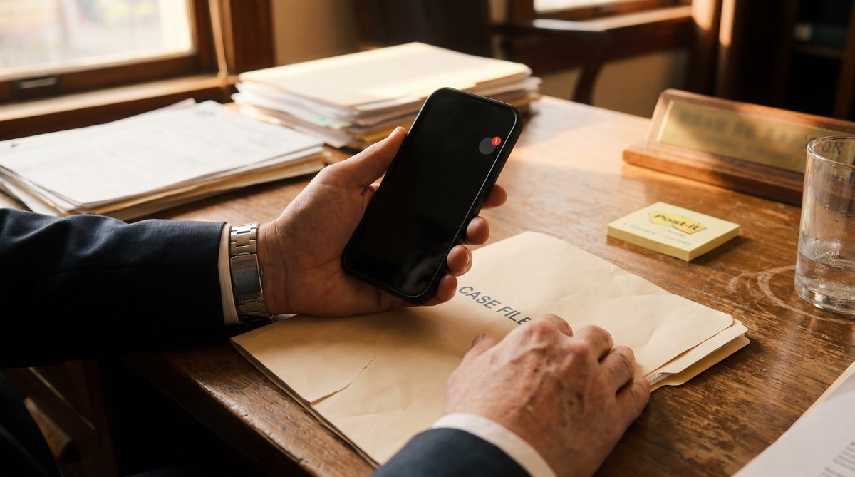 Solo practitioner attorney sitting at a desk in a law office reviewing missed call notifications on a smartphone