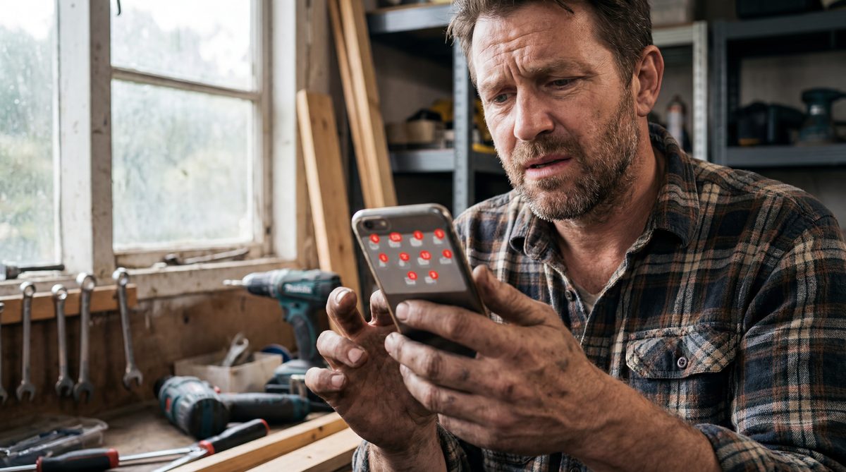 Small business owner reviewing missed call notifications on a smartphone at a workshop desk
