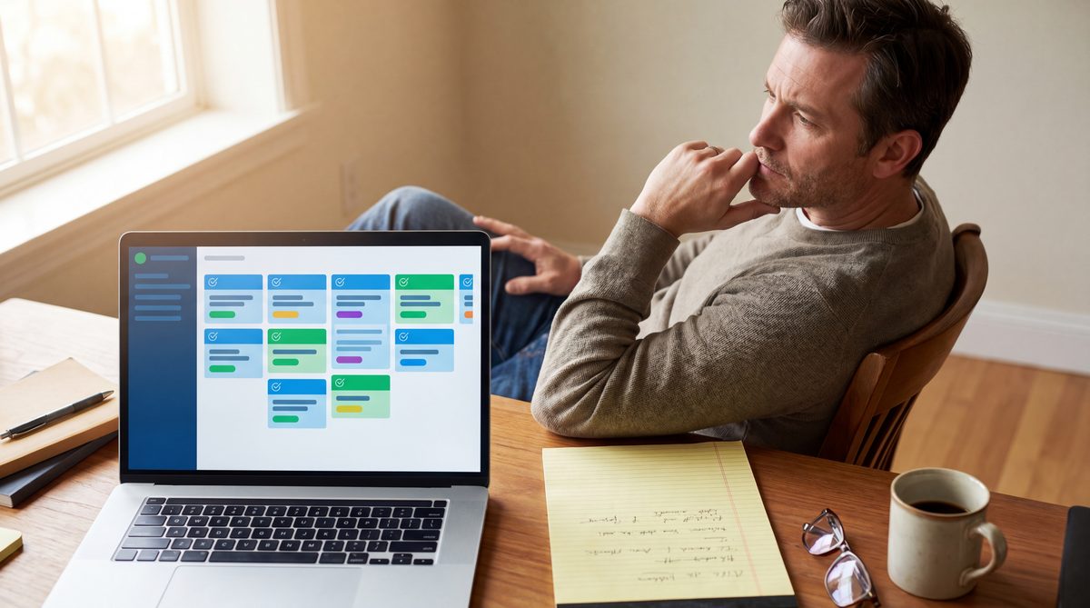 Small business owner at desk evaluating answering service options on a laptop