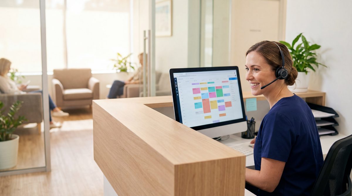 Dental front desk receptionist handling patient appointments with Ignitvio AI taking overflow calls