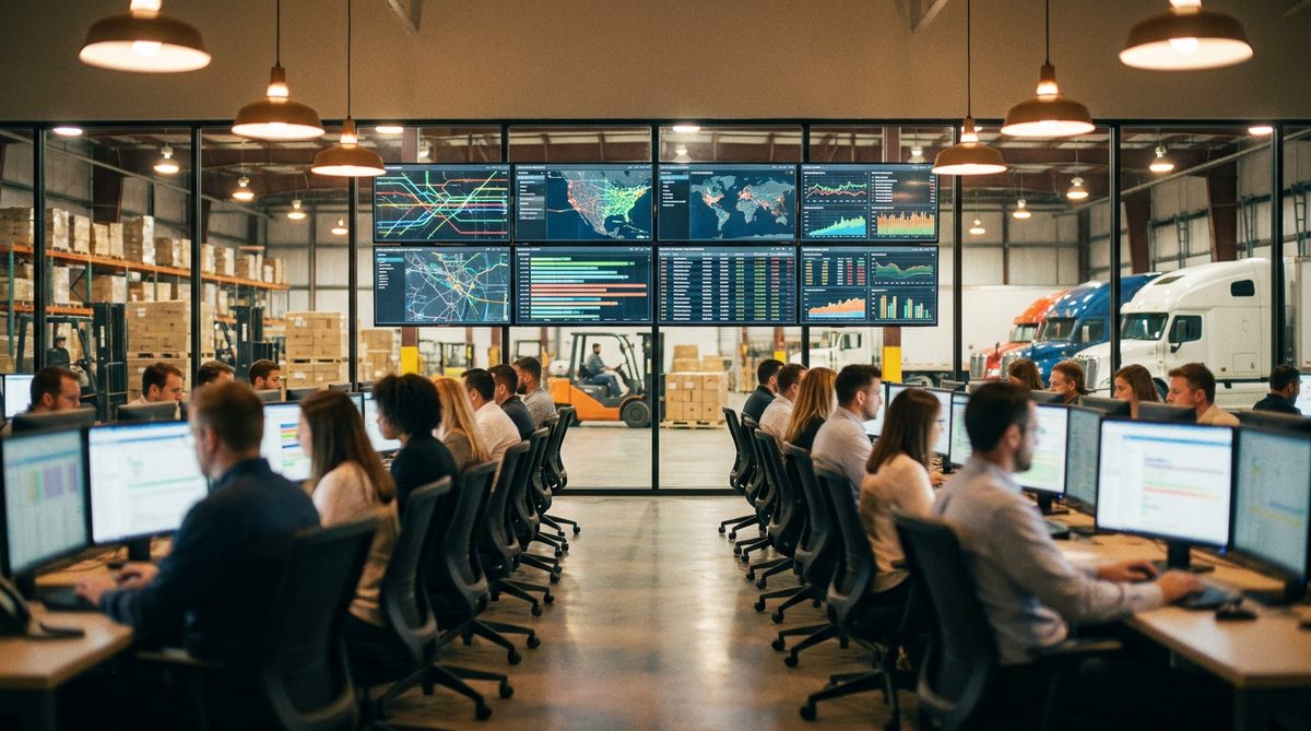 Logistics operations team working at a row of monitors showing transportation management dashboards in a brokerage office, trucks visible through the window, seen from behind