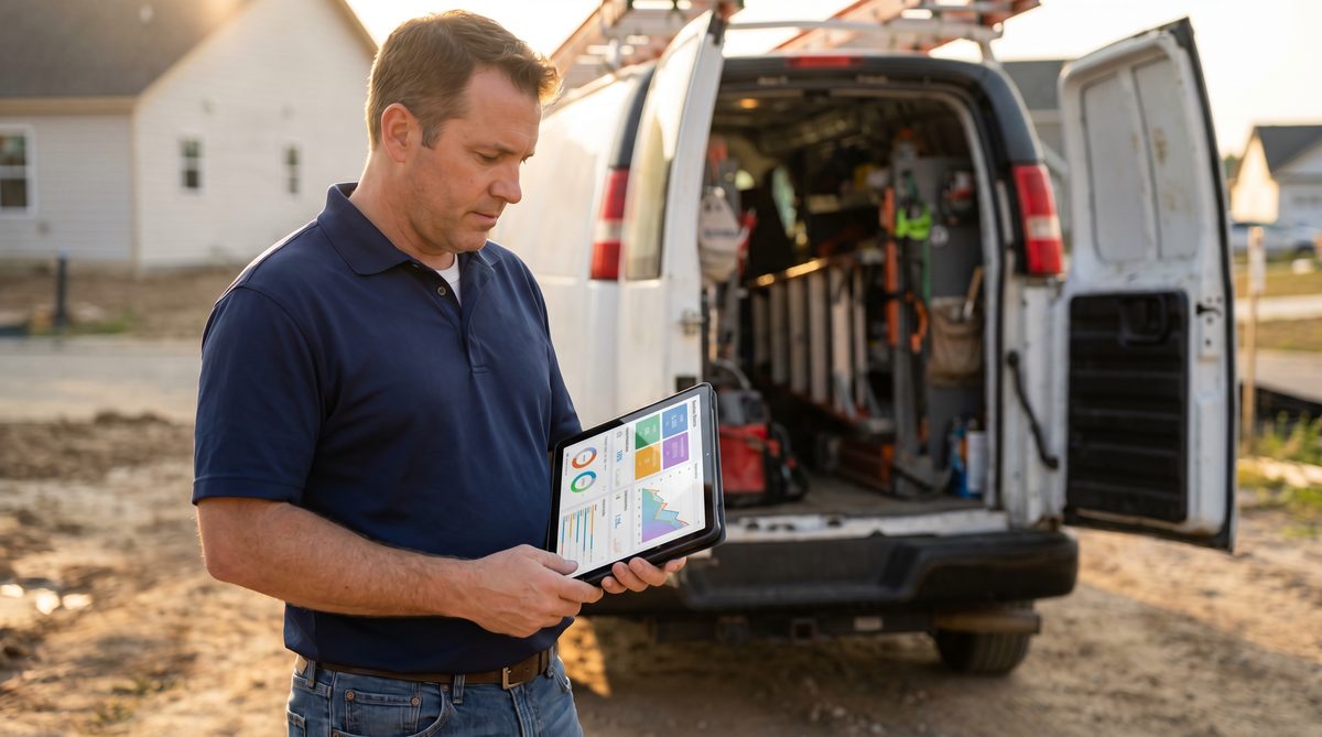 Contractor reviewing marketing results on a tablet at a job site