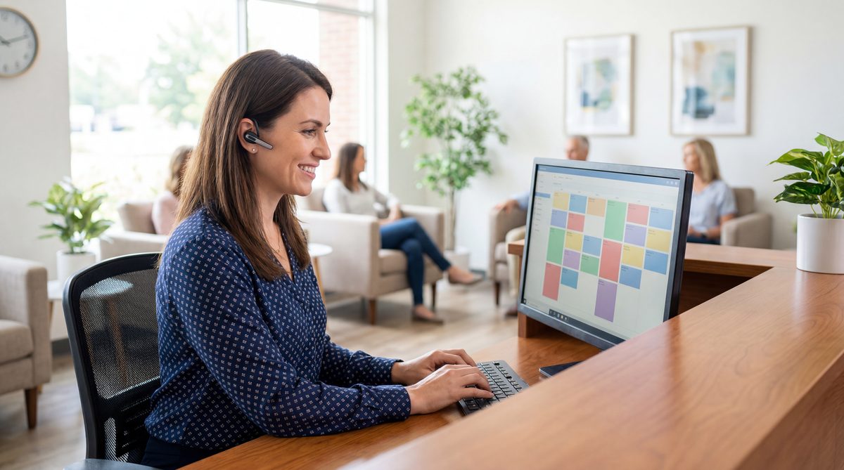 Medical office front desk with Ignitvio AI handling overflow patient calls and after-hours triage