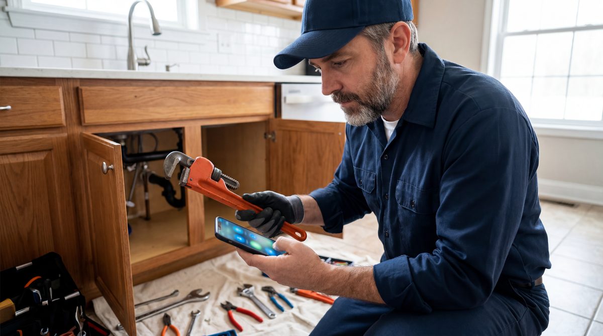 Plumbing contractor under a kitchen sink answering an emergency call routed by Ignitvio AI
