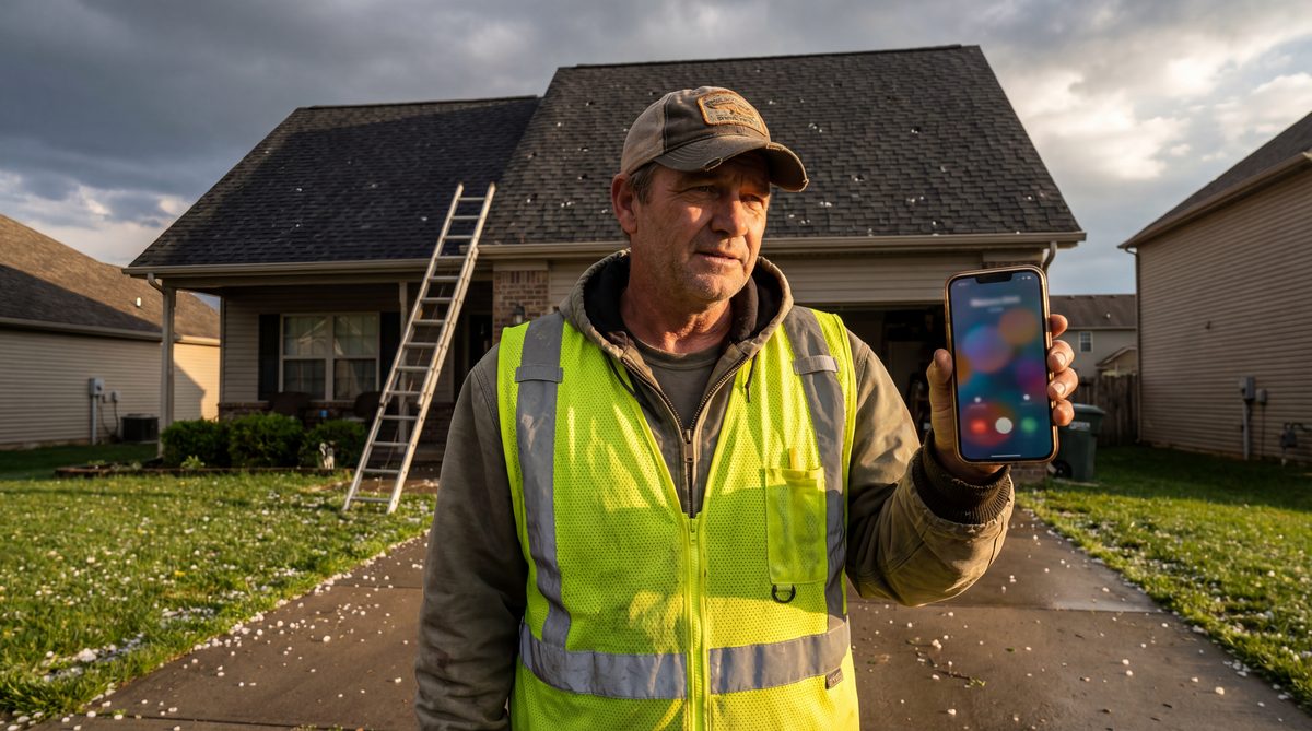 Roofing contractor in a driveway with hail-damaged shingles fielding storm-damage calls on his phone
