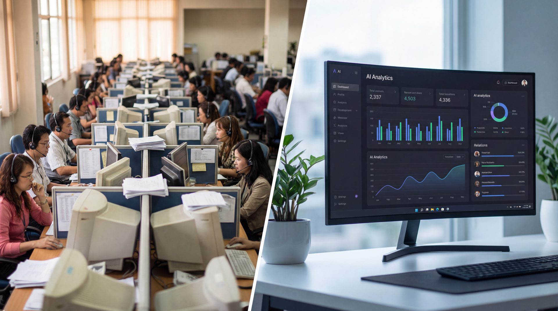Split view comparing a traditional call center with a clean AI dashboard on a modern monitor