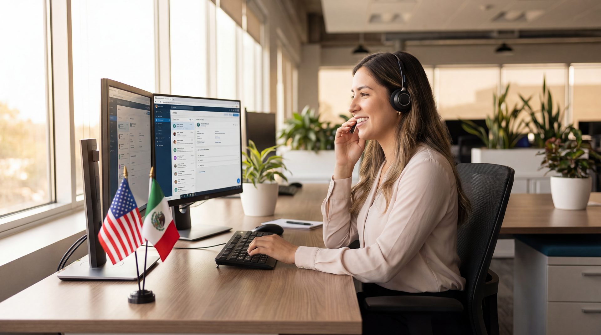Bilingual customer service representative helping a client by phone