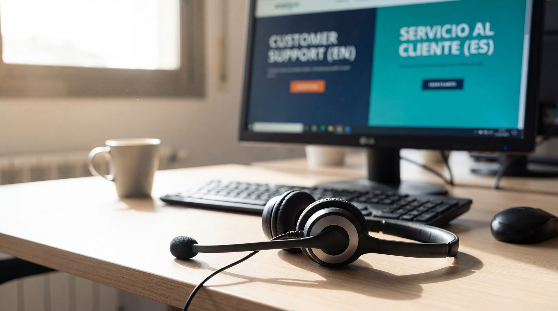 Professional headset on a desk next to a monitor showing a dual-language interface