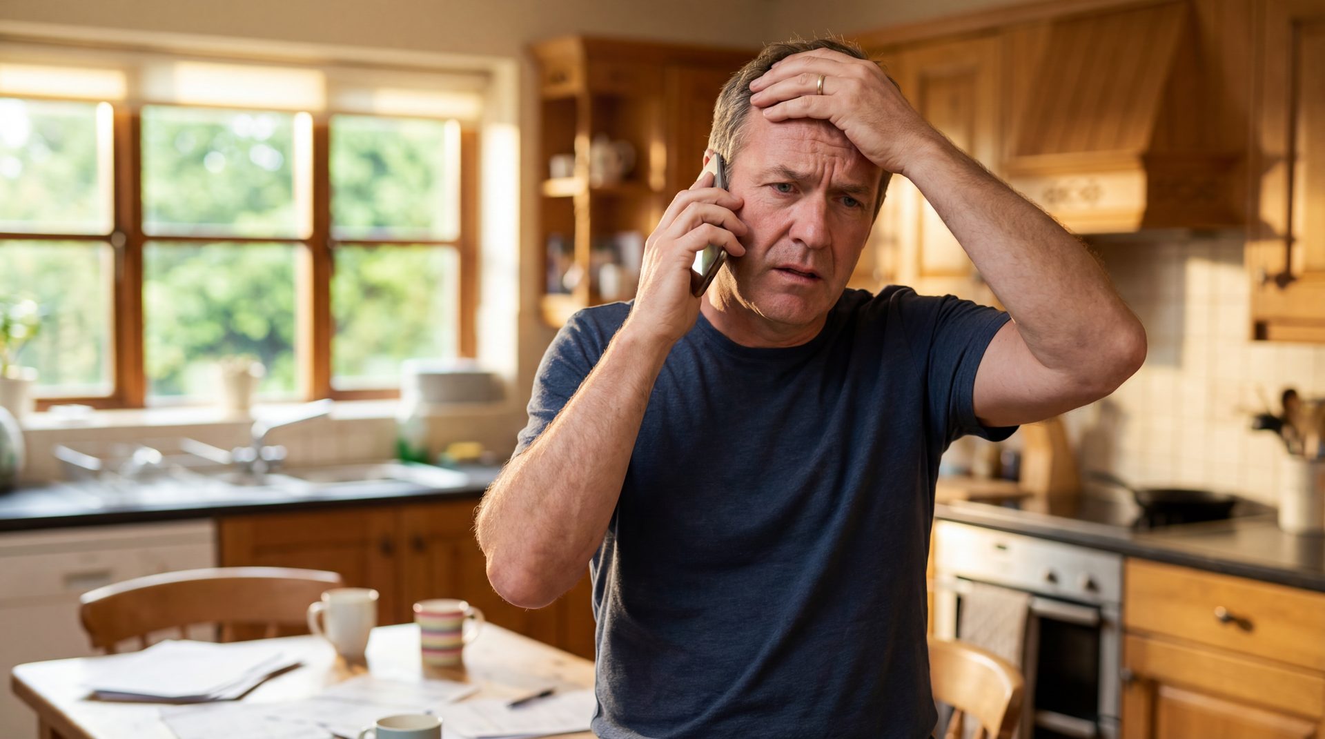 Frustrated homeowner on the phone with a confused expression in a kitchen