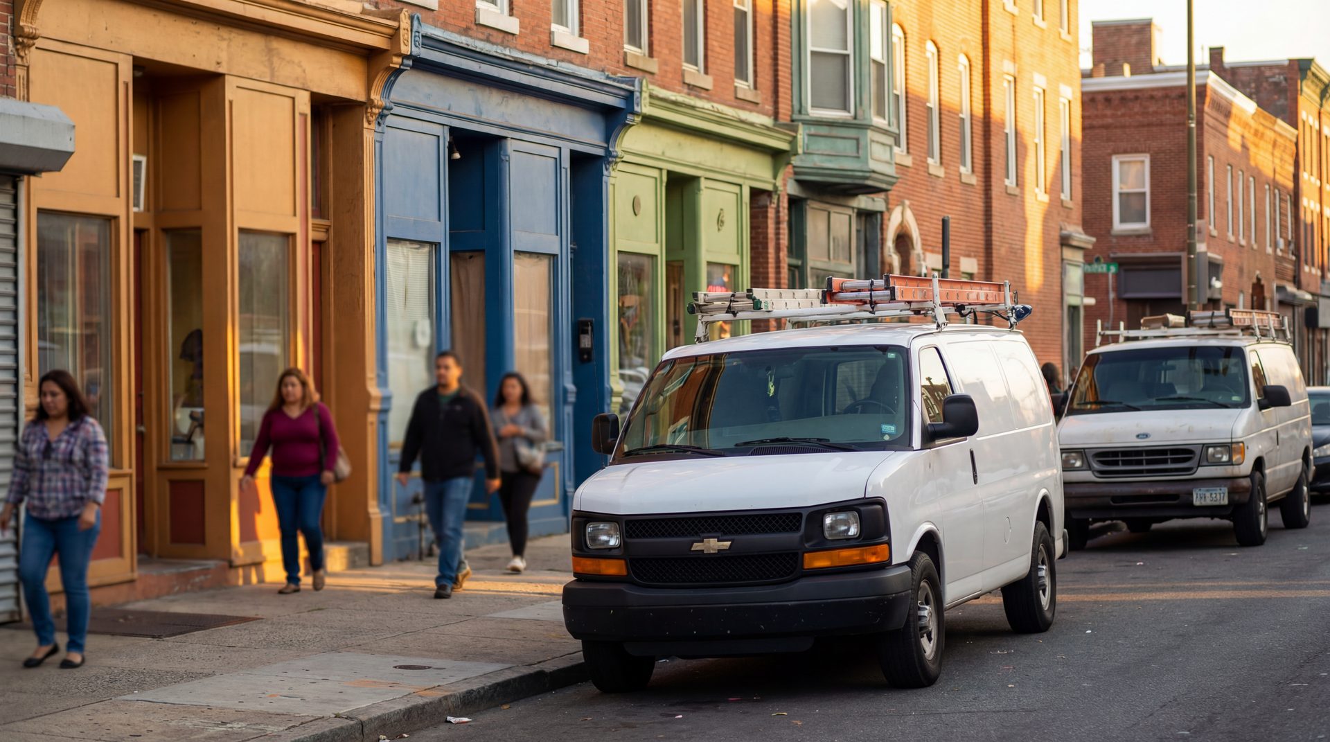 Busy residential street in a Hispanic neighborhood with service vans parked along the curb