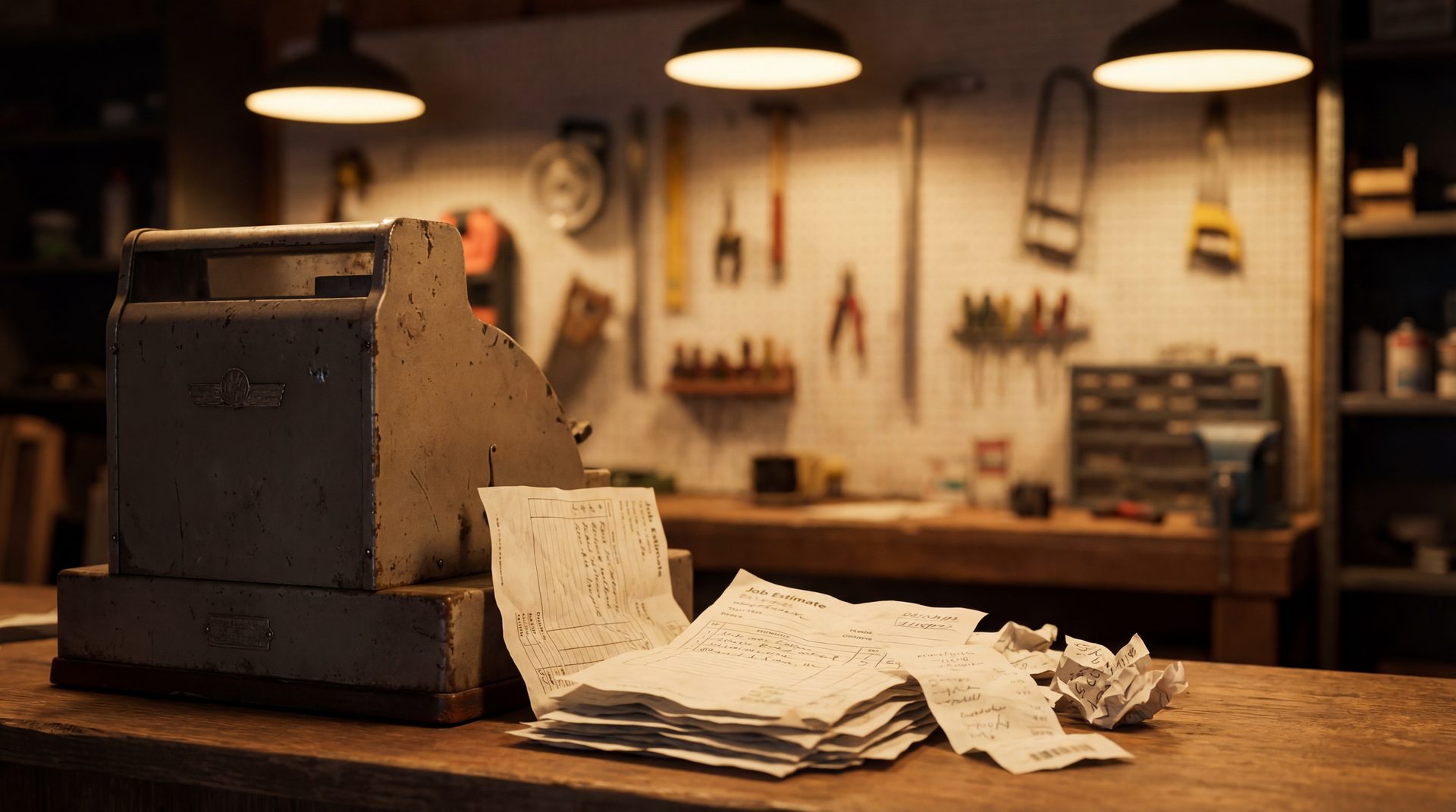 Cash register and job estimates on a contractor counter with warm lighting