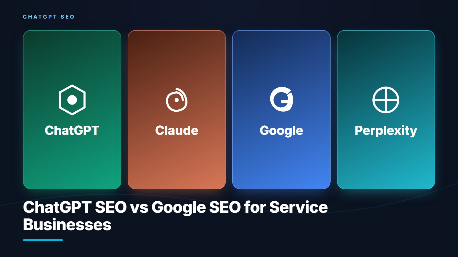 Designed brand graphic comparing Google SEO and ChatGPT SEO across four ranking dimensions. Google SEO column shows green check on backlinks but red X marks on keyword stuffing, H1 repetition, and bold city-claims; ChatGPT SEO column shows the inverse, green checks on keyword stuffing, repetition, and city-claims, red X on backlinks. Center stat: '8 dimensions diverge.' Tagline: 'Same web. Two opposite playbooks.'