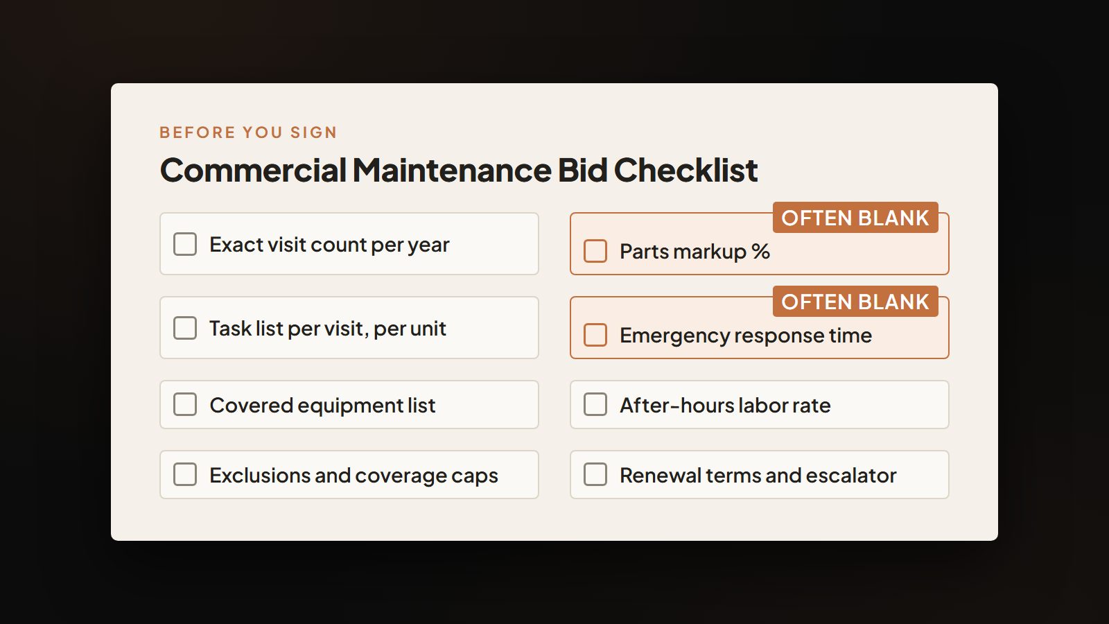 Commercial HVAC maintenance contract bid checklist document listing eight items every bidder must spell out before you sign