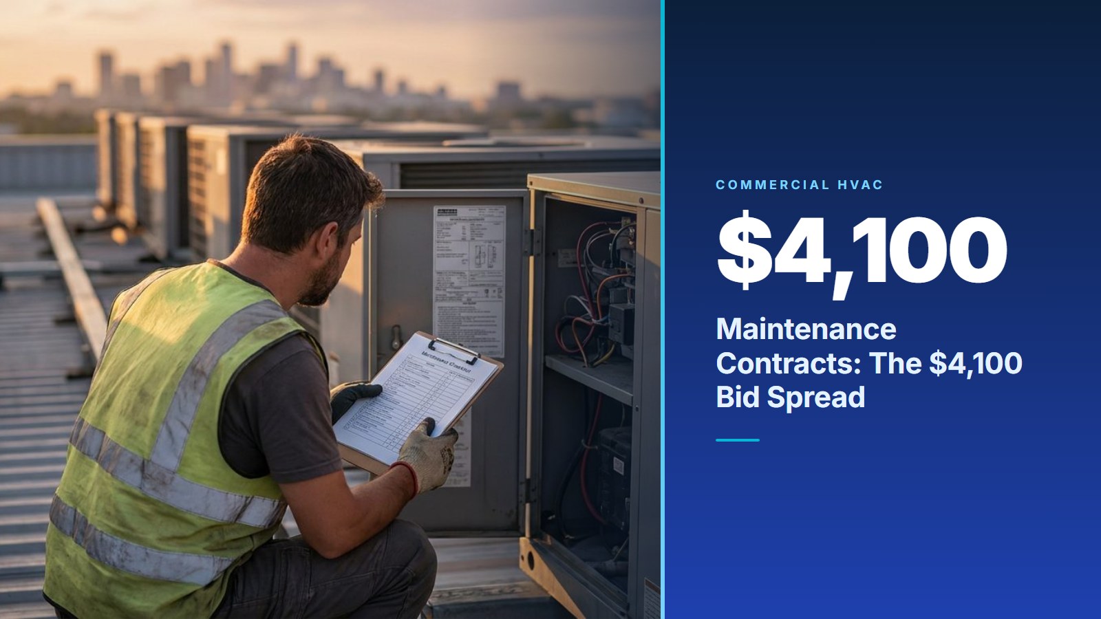HVAC technician inspecting a rooftop package unit next to a blue stat panel showing the $4,100 bid spread on a commercial HVAC maintenance contract